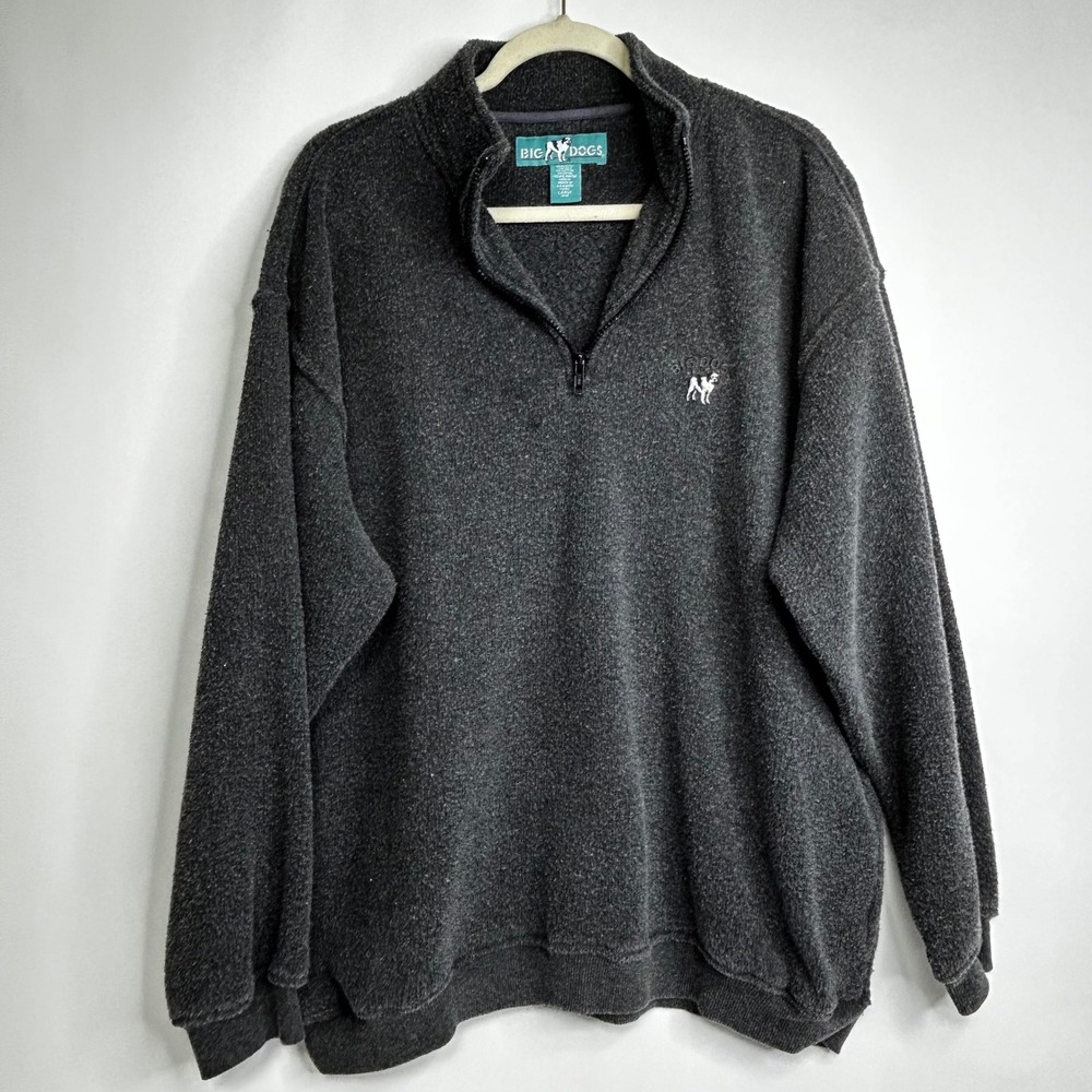 VTG Big Dogs Mens L Over‎ Charcoal Heather 1/4 Zip Pullover Sweatshirt Dog Logo